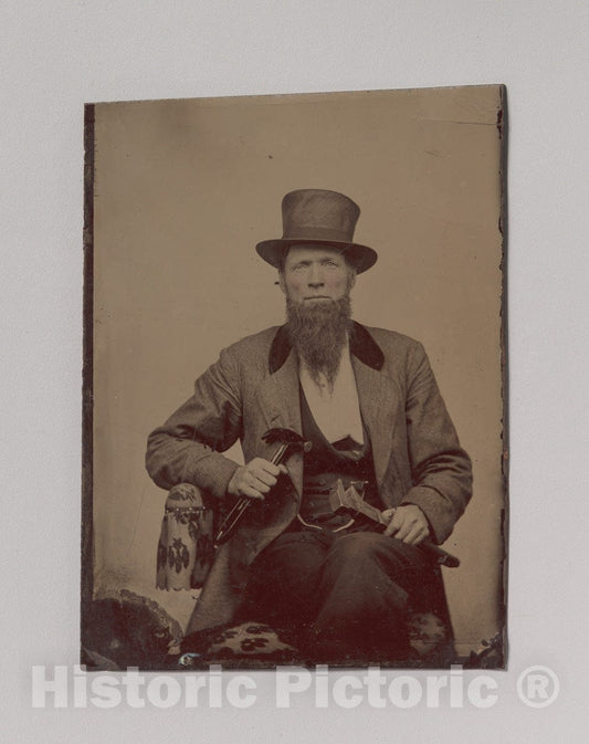 Art Print : Man in Top Hat Holding a Hammer and Wrench - Artist Unknown : Vintage Wall Art