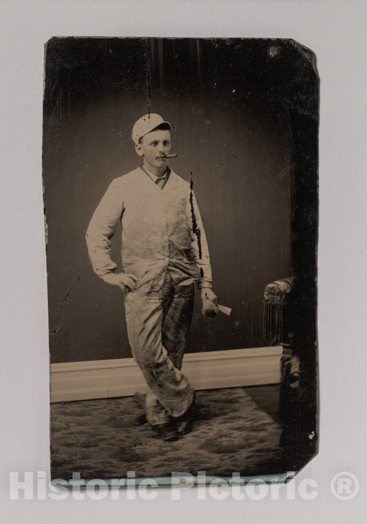 Art Print : Painter, Smoking a Cigar, Holding a Brush and Scraper - Artist Unknown : Vintage Wall Art