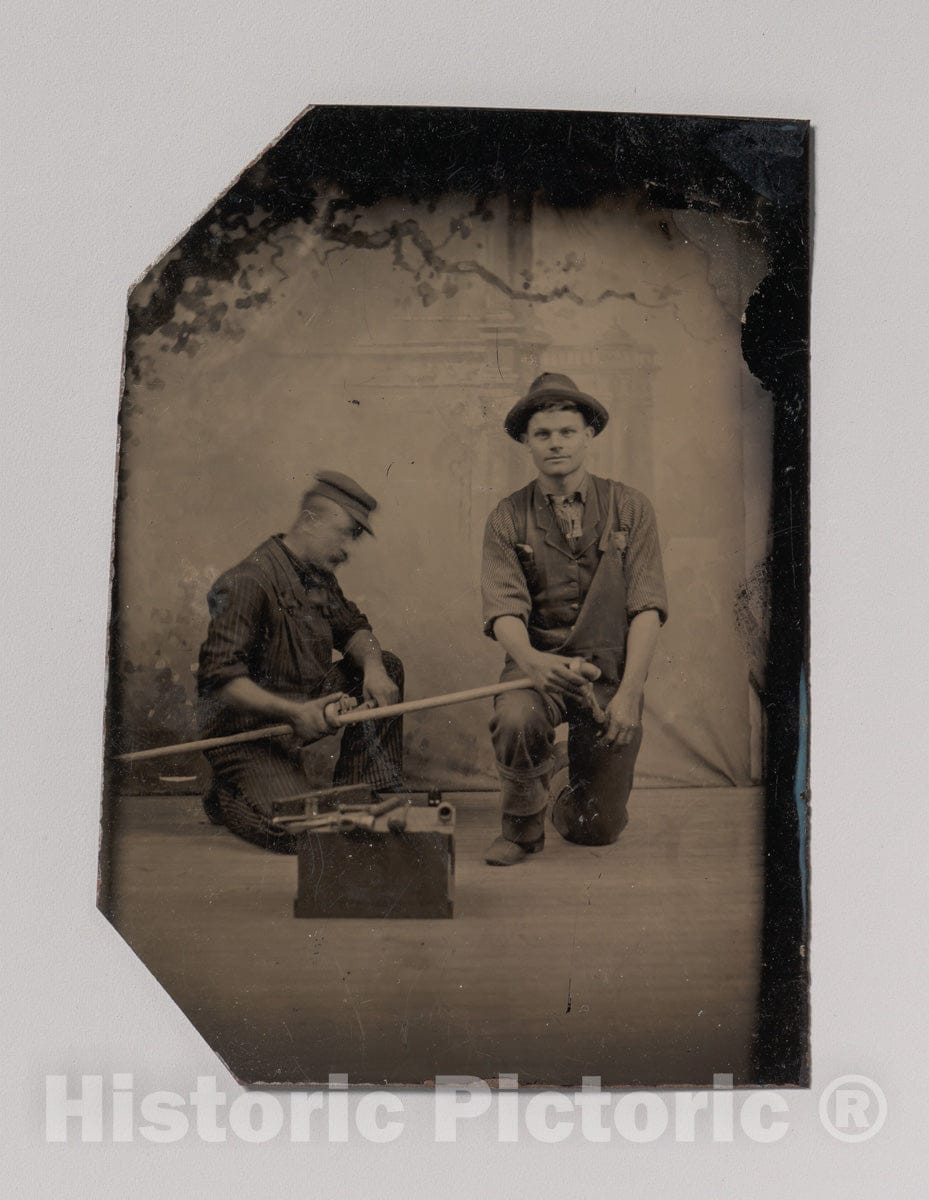 Art Print : Two Plumbers with a Pipe, Pipe Cutter, and Toolbox - Artist Unknown : Vintage Wall Art