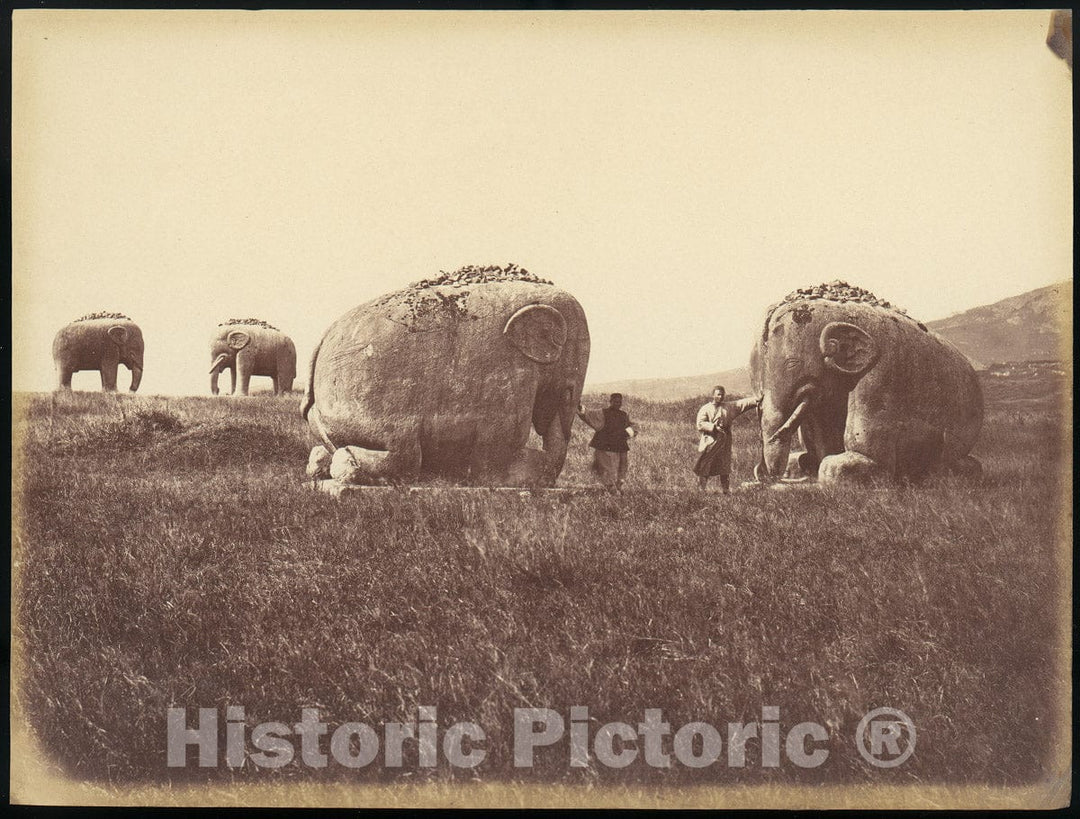 Photo Print : Two Men by Monumental Elephant Statues, China : Vintage Wall Art