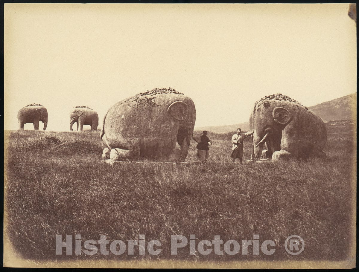 Photo Print : Two Men by Monumental Elephant Statues, China : Vintage Wall Art