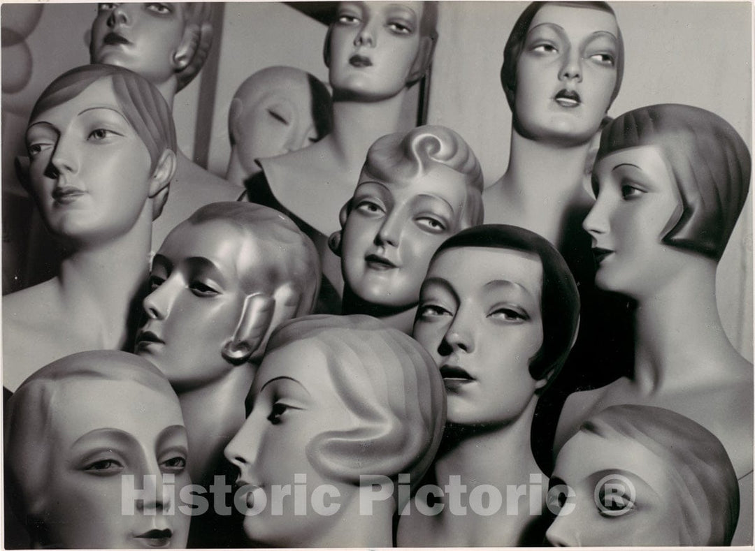 Photo Print : Peter Weller - Arrangement of 12 Female Mannequin Heads, Each with Distinct Physiognomy and Period Hair Style : Vintage Wall Art