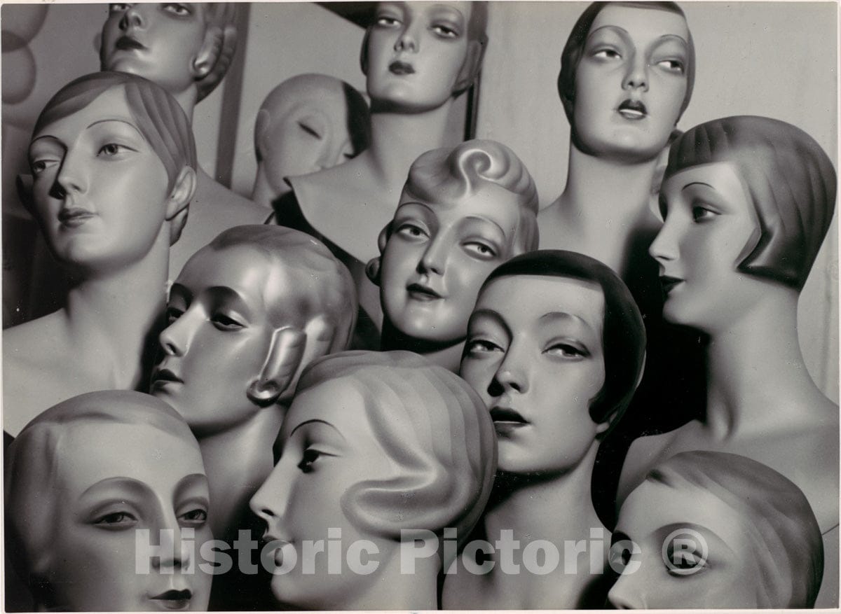 Photo Print : Peter Weller - Arrangement of 12 Female Mannequin Heads, Each with Distinct Physiognomy and Period Hair Style : Vintage Wall Art