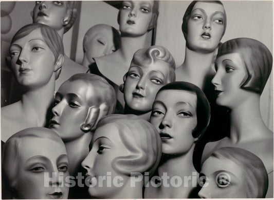 Photo Print : Peter Weller - Arrangement of 12 Female Mannequin Heads, Each with Distinct Physiognomy and Period Hair Style : Vintage Wall Art