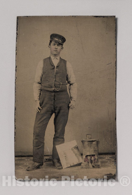 Art Print : Tinsmith with Coal Heater and Sheet of Tin - Artist Unknown : Vintage Wall Art