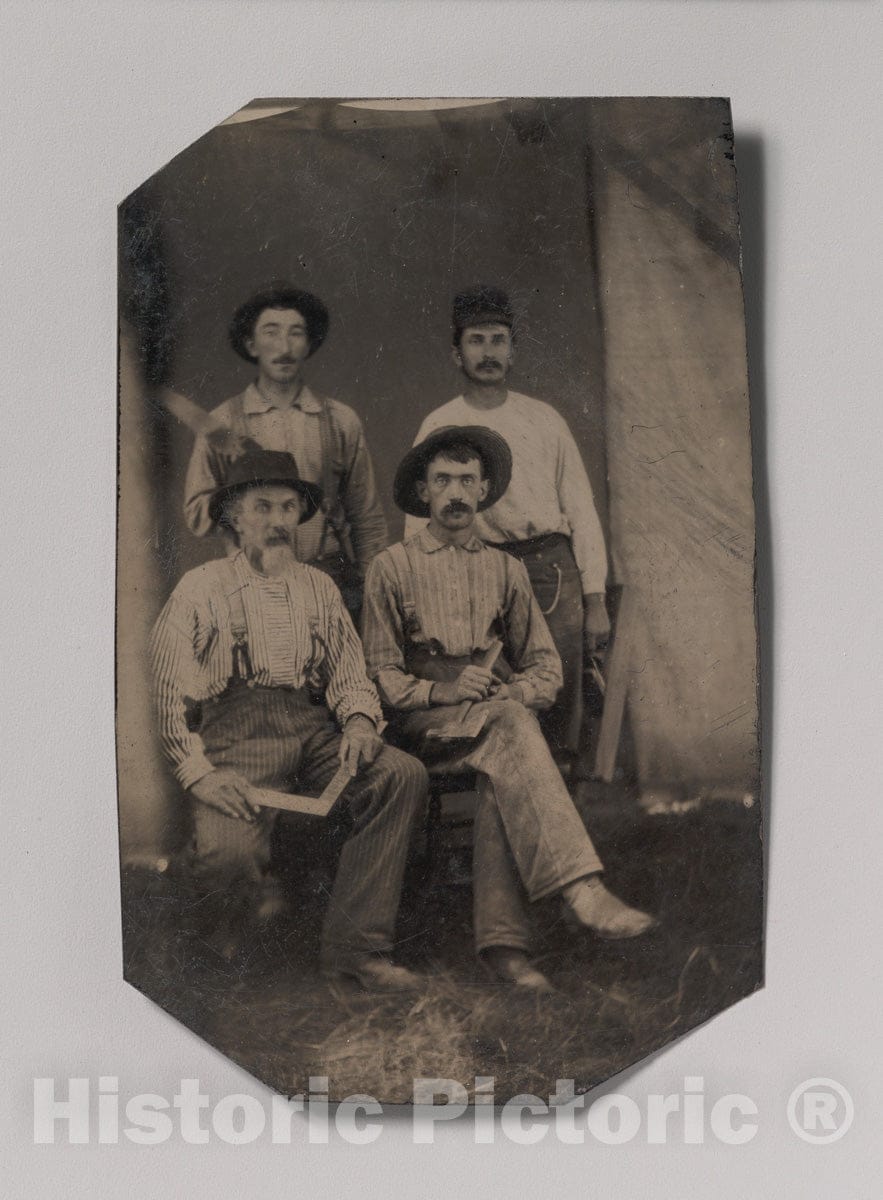 Art Print : Four Workmen Holding Different Tools: Square, Hatchet, Wood Plane, and Trowel - Artist Unknown : Vintage Wall Art