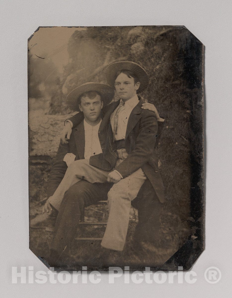 Art Print : Two Young Men in Straw Hats, One Seated in The Other's Lap - Artist Unknown : Vintage Wall Art