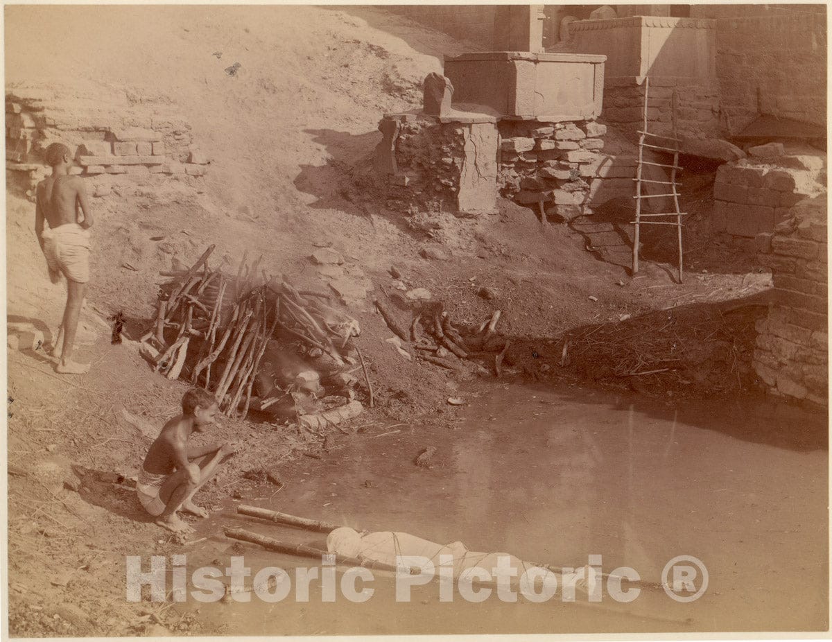Photo Print : Cremation Ground at Manikarnika Ghat, Varanasi, India : Vintage Wall Art