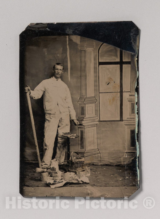 Art Print : Painter, Standing in Front of a Painted Window Backdrop, with Brushes, Bucket, and Paint Cans - Artist Unknown : Vintage Wall Art
