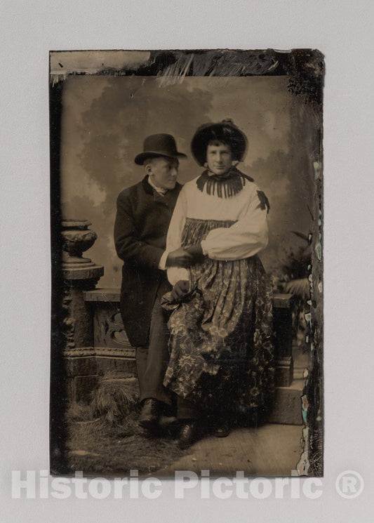 Art Print : Two Men, One Dressed in Women's Attire, Holding Hands - Artist Unknown : Vintage Wall Art