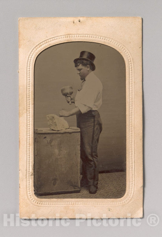 Art Print : J. R. Martin - Mason in Top Hat with Mallet, Chisel, and Piece of Stone : Vintage Wall Art