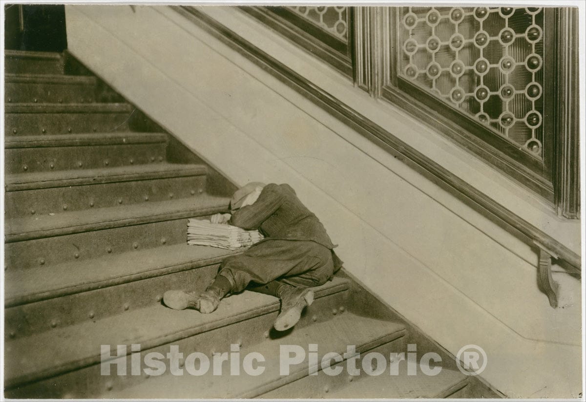 Photo Print : Lewis Hine - Newsboy Asleep on Stairs with Papers, Jersey City, New Jersey : Vintage Wall Art