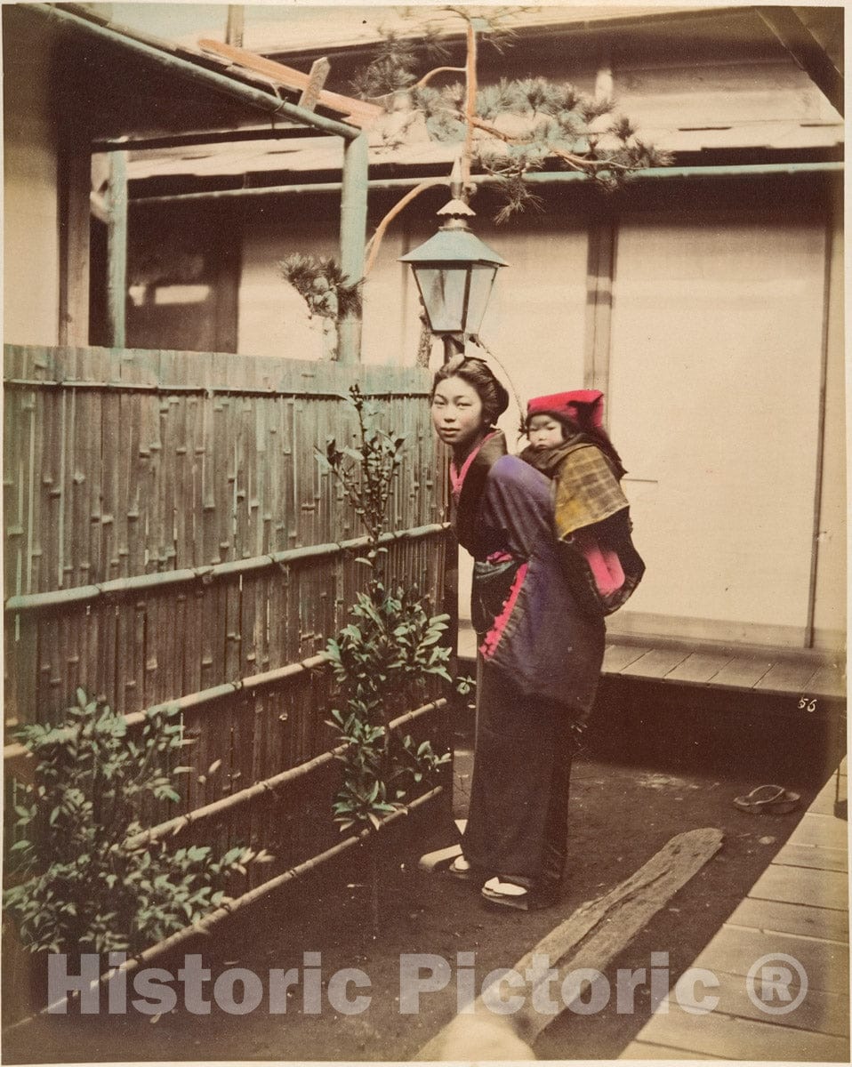 Photo Print : Suzuki Shin'ichi - Japanese Woman in Traditional Dress Posing with a Child on her Back : Vintage Wall Art