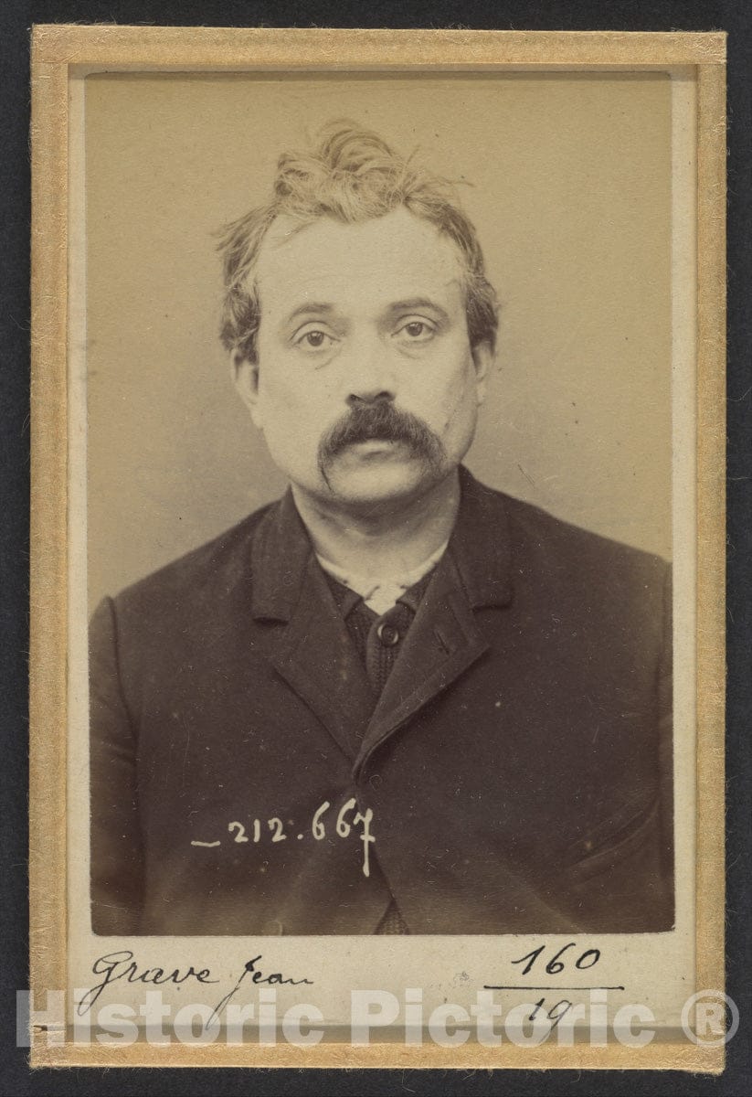 Art Print : Alphonse Bertillon - Grave. Jean. 38 ans, né le 16/10/54 à Breuil (PUY de Dôme). Typographe. Anarchiste. 9/1/94. : Vintage Wall Art