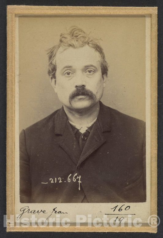 Art Print : Alphonse Bertillon - Grave. Jean. 38 ans, né le 16/10/54 à Breuil (PUY de Dôme). Typographe. Anarchiste. 9/1/94. : Vintage Wall Art