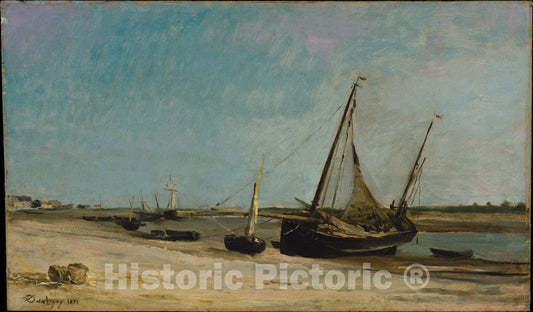 Art Print : Charles-François Daubigny - Boats on The Seacoast at Étaples : Vintage Wall Art