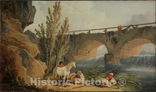 Art Print : Hubert Robert - Bridge Over a Cascade : Vintage Wall Art
