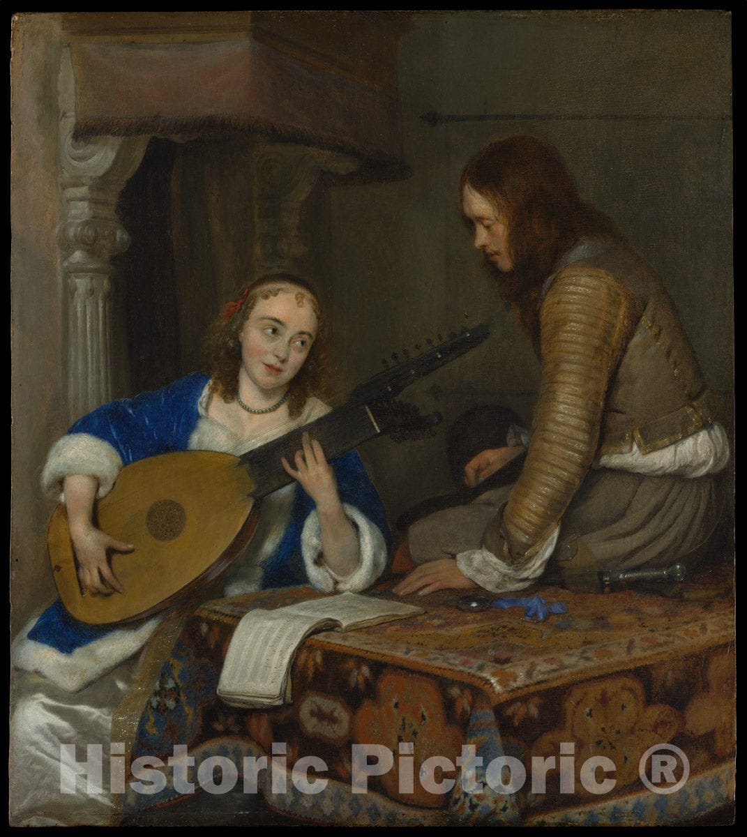 Art Print : Gerard TER Borch The Younger - A Woman Playing The Theorbo-Lute and a Cavalier : Vintage Wall Art