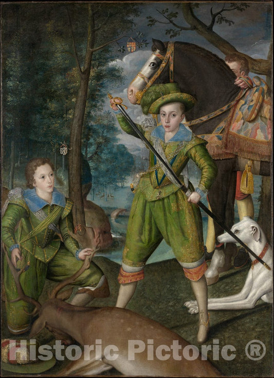 Art Print : Henry Frederick (1594–1612), Prince of Wales, with Sir John Harington (1592–1614), in The Hunting Field - Artist: Robert Peake The Elder - 1603 : Vintage Wall Art