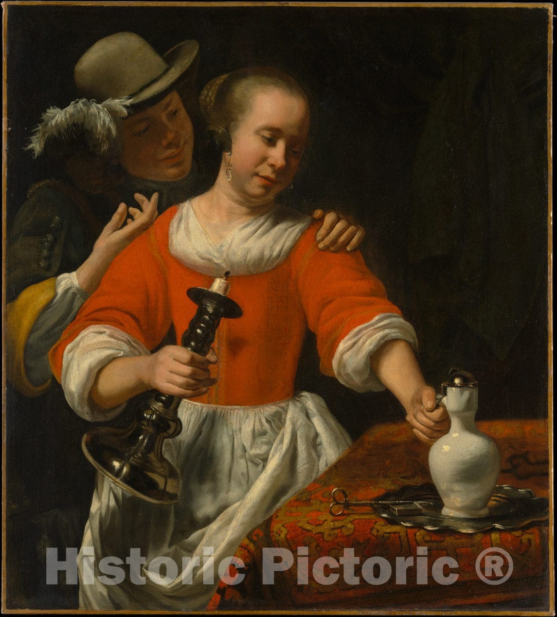 Art Print : Cornelis Bisschop - A Young Woman and a Cavalier : Vintage Wall Art