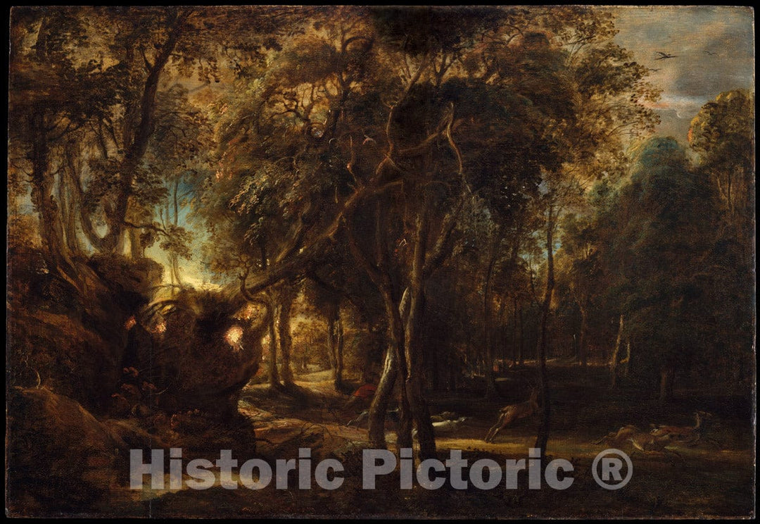 Art Print : Peter Paul Rubens - A Forest at Dawn with a Deer Hunt : Vintage Wall Art