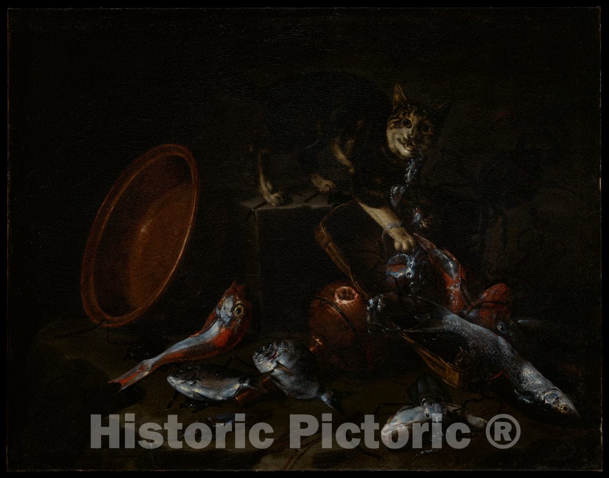 Art Print : Giuseppe Recco - A Cat Stealing Fish : Vintage Wall Art