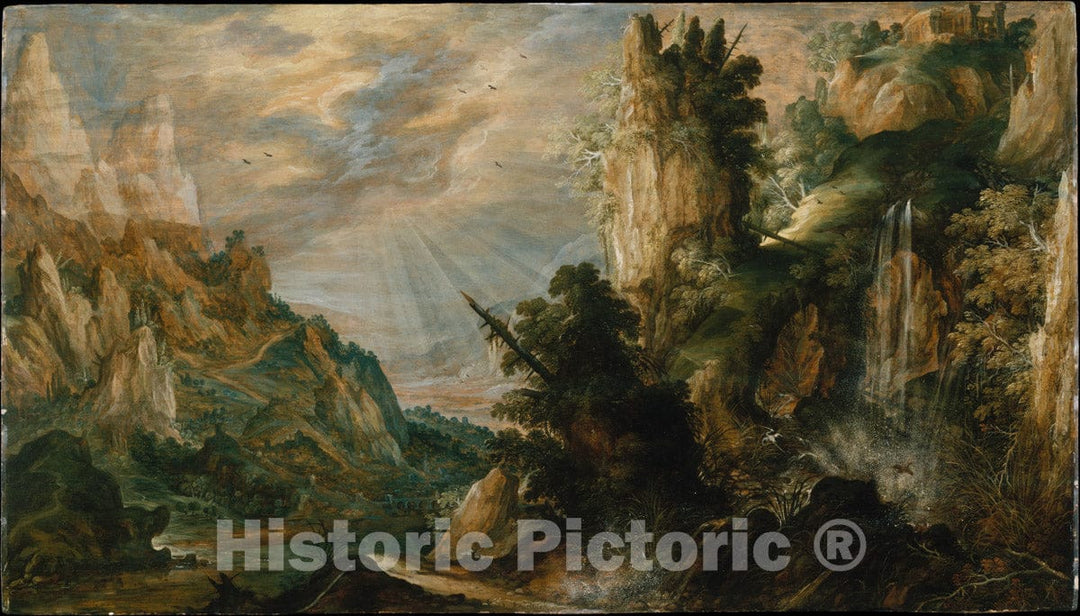 Art Print : Kerstiaen de Keuninck - A Mountainous Landscape with a Waterfall : Vintage Wall Art