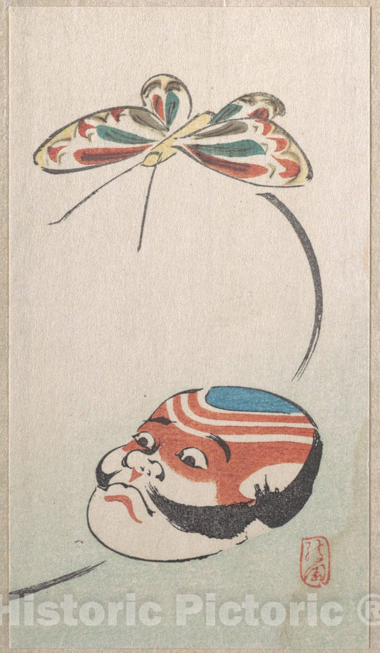 Art Print : Ayaoka - Butterfly and Mask of Yakko (The Footman of a Samurai) - Japan : Vintage Wall Art