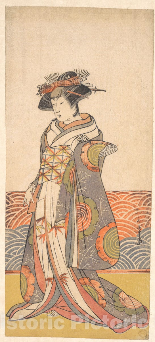 Art Print : Katsukawa Shunsho  - The Third Segawa Kikunojo as a Woman Standing in a Room Having a Wave-pattern Dado : Vintage Wall Art