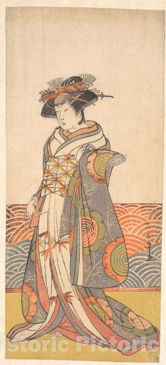 Art Print : Katsukawa Shunsho  - The Third Segawa Kikunojo as a Woman Standing in a Room Having a Wave-pattern Dado : Vintage Wall Art