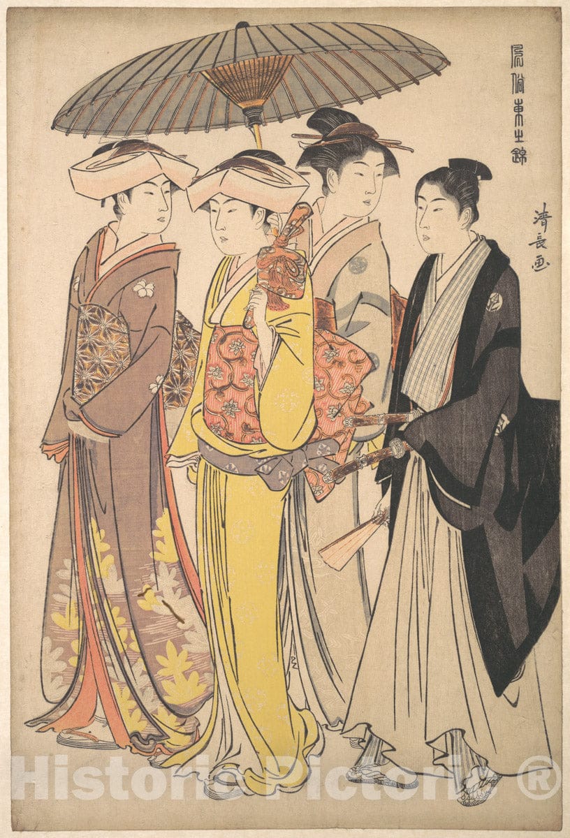 Art Print : A Lady from a Samurai Household with Three Attendants, from The Series A Brocade of Eastern Manners - Artist: Torii Kiyonaga - Created: c1820 : Vintage Wall Art