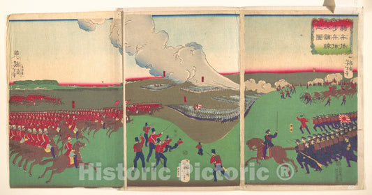 Art Print : Tsukioka Yoshitoshi - Illustration of Cavalry, Infantry and Soldiers Retreating (Kiheitai, hoheitai, daich?ren no zu) - Japan : Vintage Wall Art