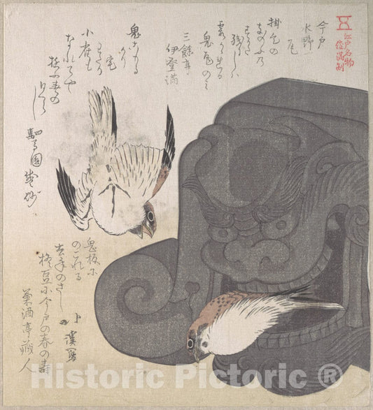 Art Print : Totoya Hokkei - Roof Tile and Sparrows