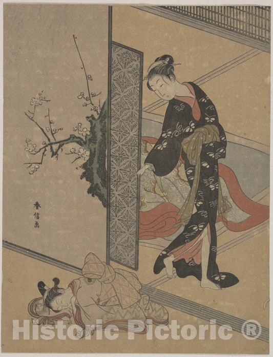Art Print : Suzuki Harunobu - Young Lady Looking Through Door at Her Kamuro (Little Servant) who is Asleep on The Floor - Japan : Vintage Wall Art