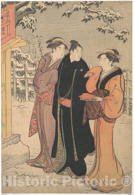 Art Print : Torii Kiyonaga - Man in a Black Haori (Coat) and Two Women Approaching a Temple - Japan : Vintage Wall Art