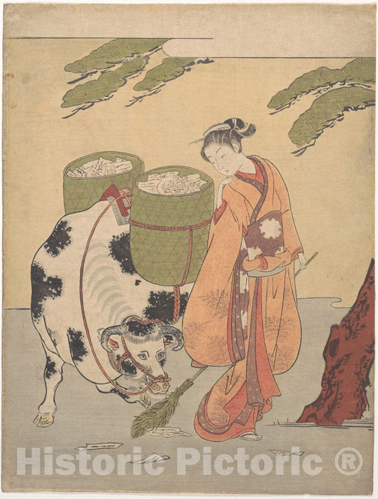 Art Print : Suzuki Harunobu - A Woman Sweeping up Her Love Letters - Japan : Vintage Wall Art