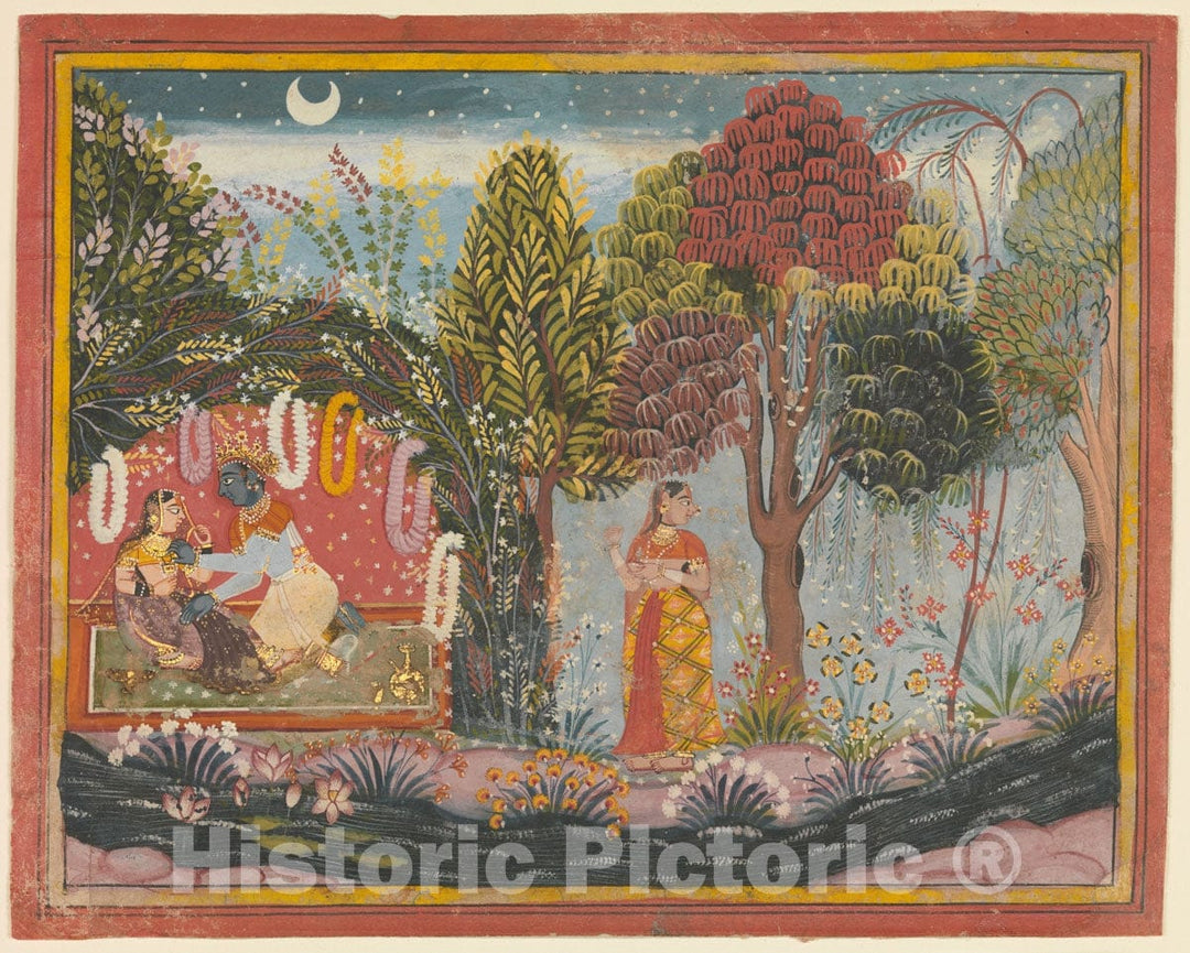 Art Print : Sahibdin - Krishna and Radha in a Bower: Page from a Dispersed Gita Govinda - India (Rajasthan, Mewar) : Vintage Wall Art