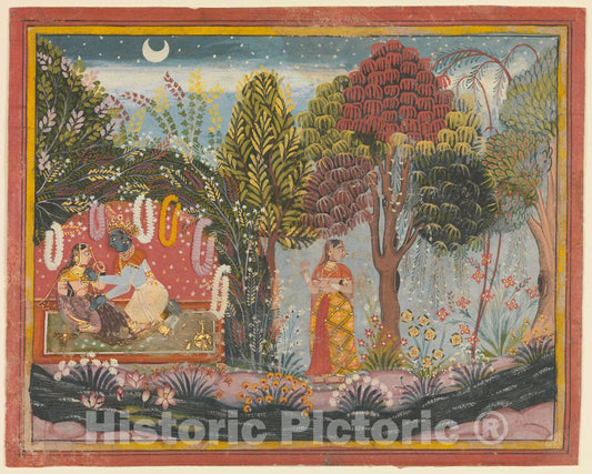 Art Print : Sahibdin - Krishna and Radha in a Bower: Page from a Dispersed Gita Govinda - India (Rajasthan, Mewar) : Vintage Wall Art