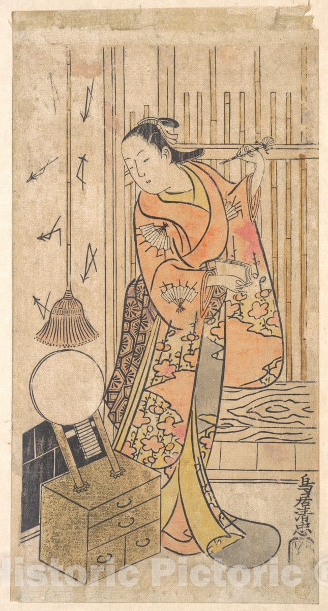 Art Print : Torii Kiyotada - Actor as a Woman Standing by a Mirror Stand - Japan : Vintage Wall Art