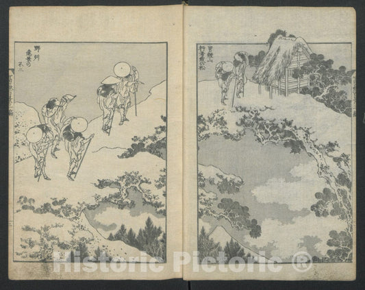 Art Print : Katsushika Hokusai  - Mount Fuji under a Bridge;  Mount Fuji behind a Net,  One Hundred Views of Mount Fuji : Vintage Wall Art