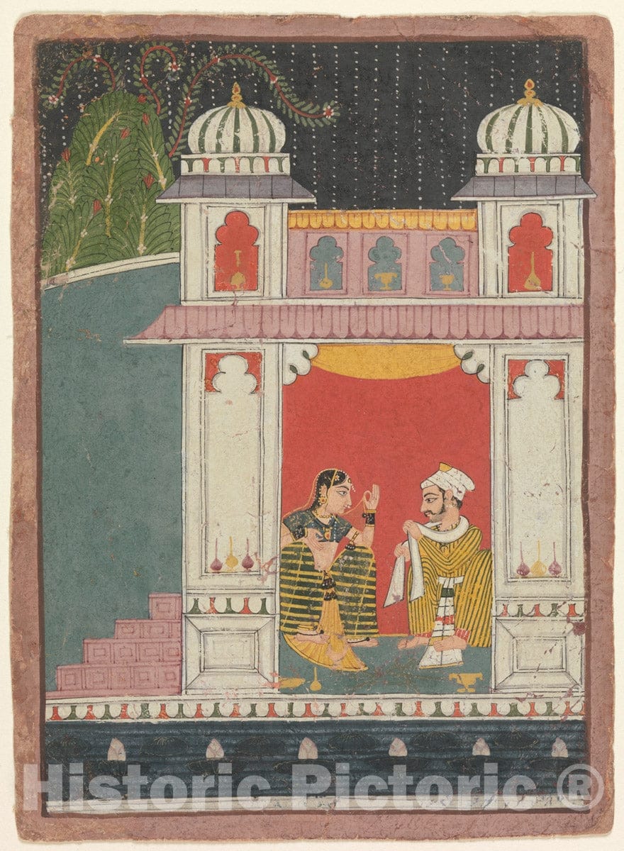 Art Print : A Heroine and Her Lover in a Pavilion: Page from a Dispersed Nayikabheda : Vintage Wall Art