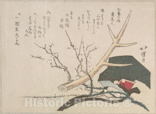 Art Print : Totoya Hokkei - Hat, Deer-Horn and Plum Branch, Representing Jur?jin, The God of Life - Japan : Vintage Wall Art