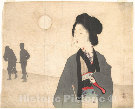Art Print : Tomioka Eisen - Young Woman Looks at Silhouette of a Male Prisoner Being Led Away - Japan : Vintage Wall Art