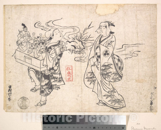 Art Print : Okumura Masanobu  - Woman Standing near a Small Stream and Looking at a Wandering Puppet-showman : Vintage Wall Art