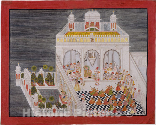 Art Print : Bhima - Maharana Ari Singh with His Courtiers Being Entertained at The Jagniwas Water Palace - India (Rajasthan, Mewar, Udaipur) : Vintage Wall Art