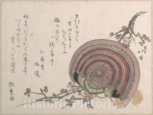 Art Print : Totoya Hokkei - Helmet and Plum Blossoms - Japan : Vintage Wall Art