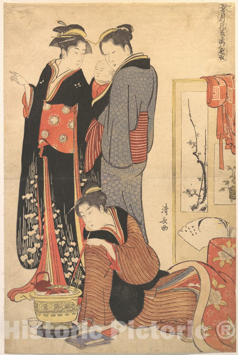 Art Print : Torii Kiyonaga - Two Women Standing, Holding a Child - Japan : Vintage Wall Art
