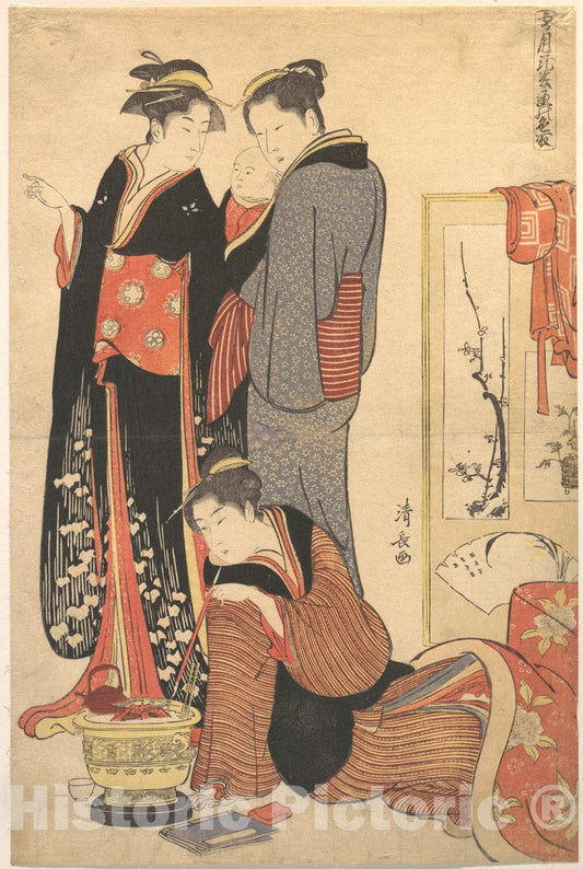 Art Print : Torii Kiyonaga - Two Women Standing, Holding a Child - Japan : Vintage Wall Art