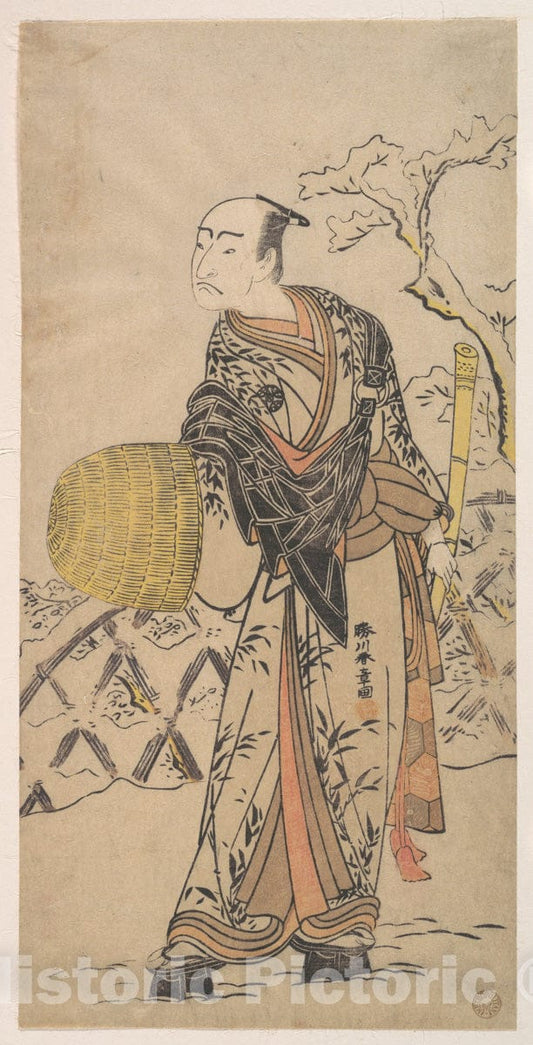 Art Print : Katsukawa Shunsh? - The First Nakamura Nakazo as a Komuso Standing in The Snow by a Fence - Japan : Vintage Wall Art