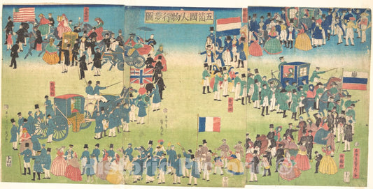 Art Print : Utagawa (Gountei) Sadahide - Procession of People from Five Countries: Holland, Russia, France, England and America - Japan : Vintage Wall Art